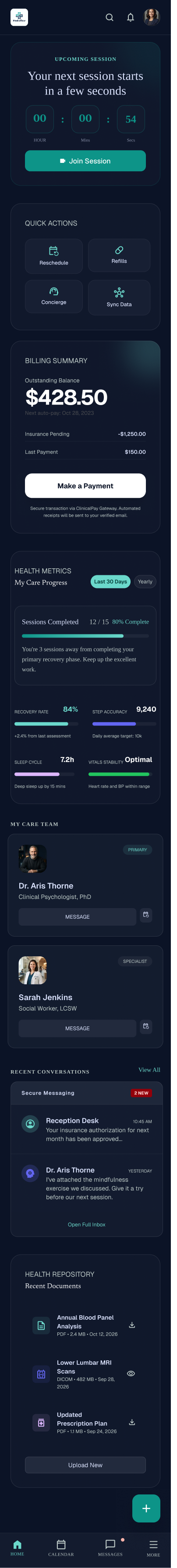 MedicFlow patient dashboard, mobile