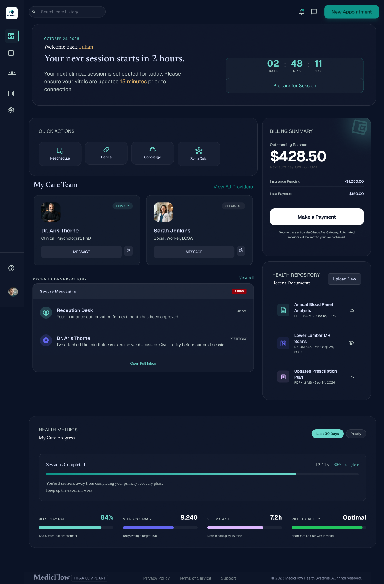 MedicFlow patient dashboard, desktop